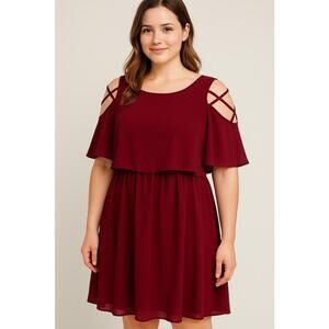 Emery Rose Burgundy Cold Shoulder Dress - 2XL